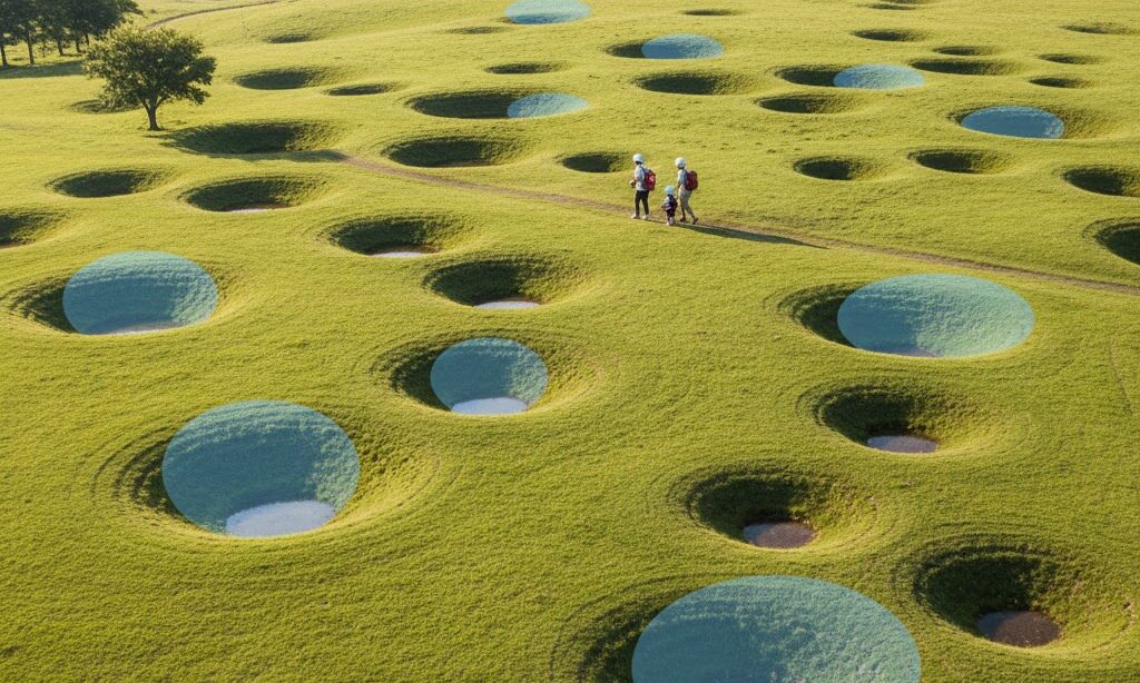 カルスト地形に見られるドリーネの窪地と防災リュックを背負う親子 石灰岩地帯の地盤リスクを学ぶ防災教育写真