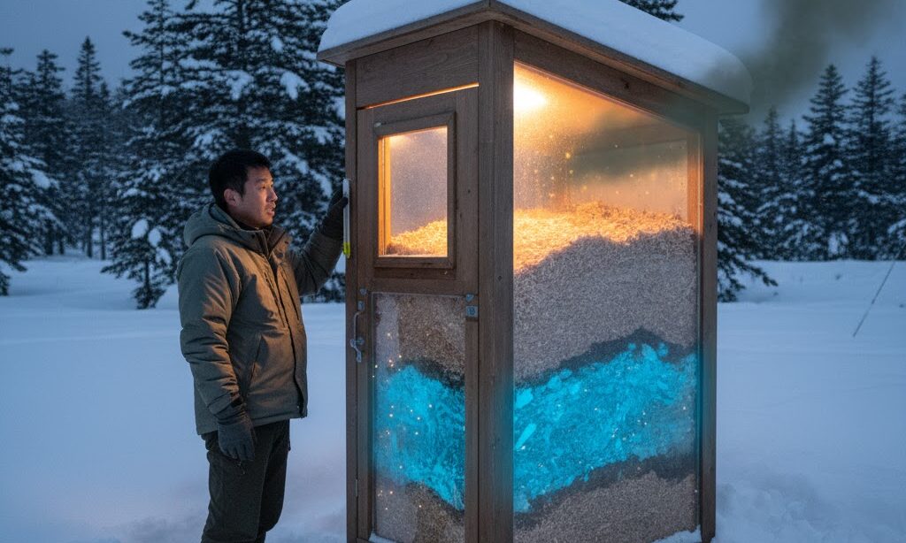 冬場に微生物の分解が低下するコンポストトイレの課題を示す実写風シーン