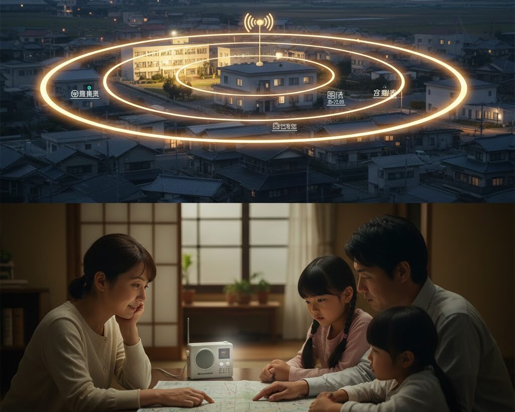 コミュニティFMが災害時に地域の避難情報を届ける様子のイメージ