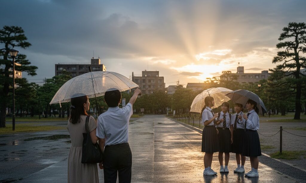 乱層雲の特徴をまとめたイメージ。雨上がりの空と雲の切れ間から光が差す様子