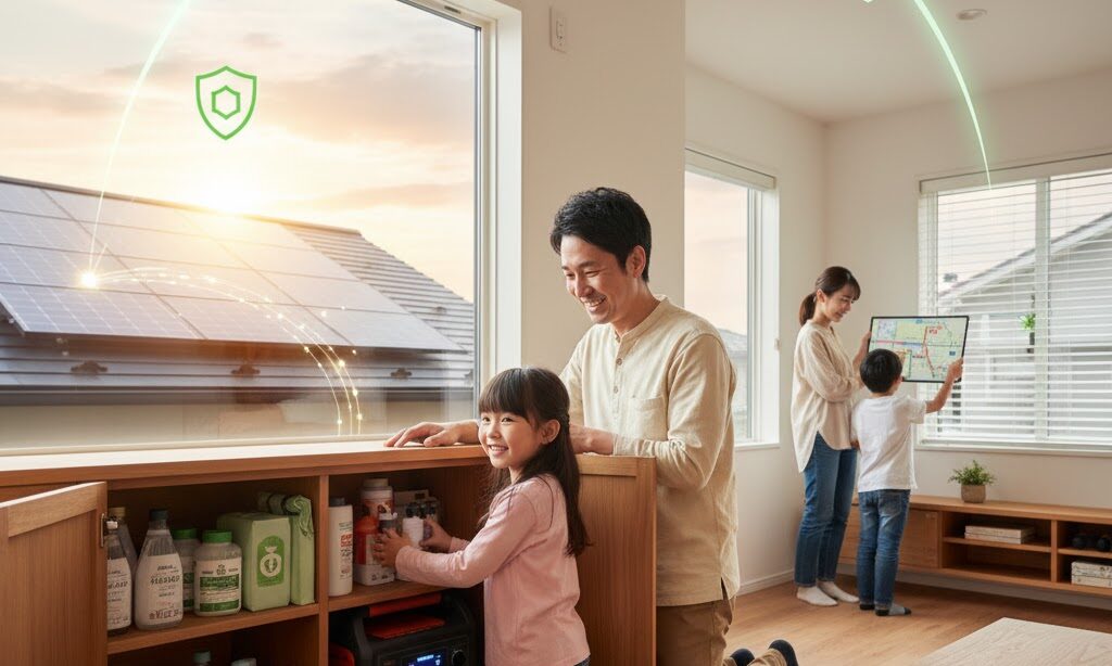 温暖化による災害に備えるため、家庭で防災と省エネを行う様子のイメージ写真