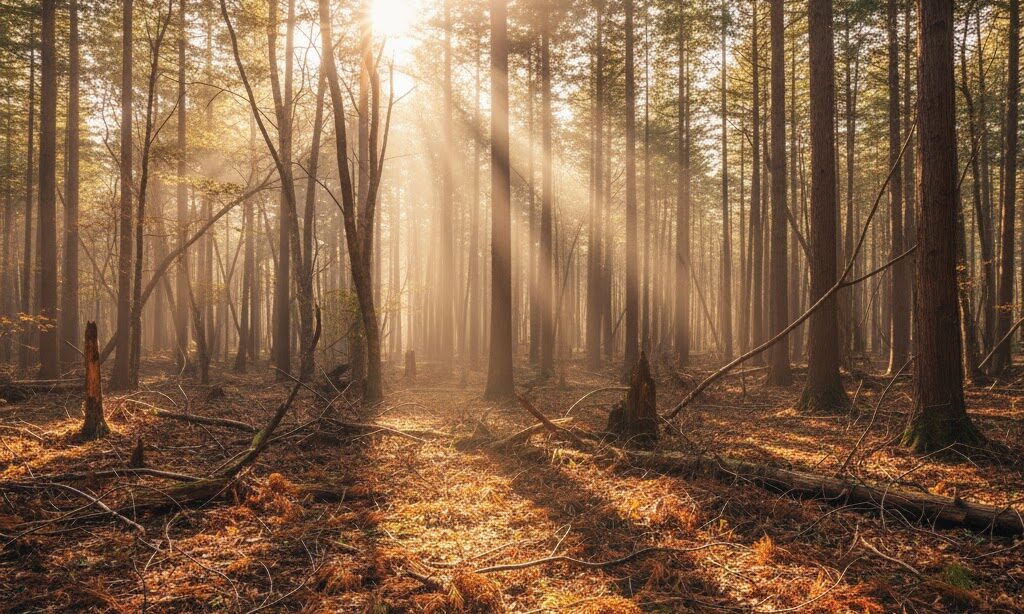 山火事 なぜ起こる|手入れ不足で燃料が増えた里山の枯れ木と落ち葉の風景