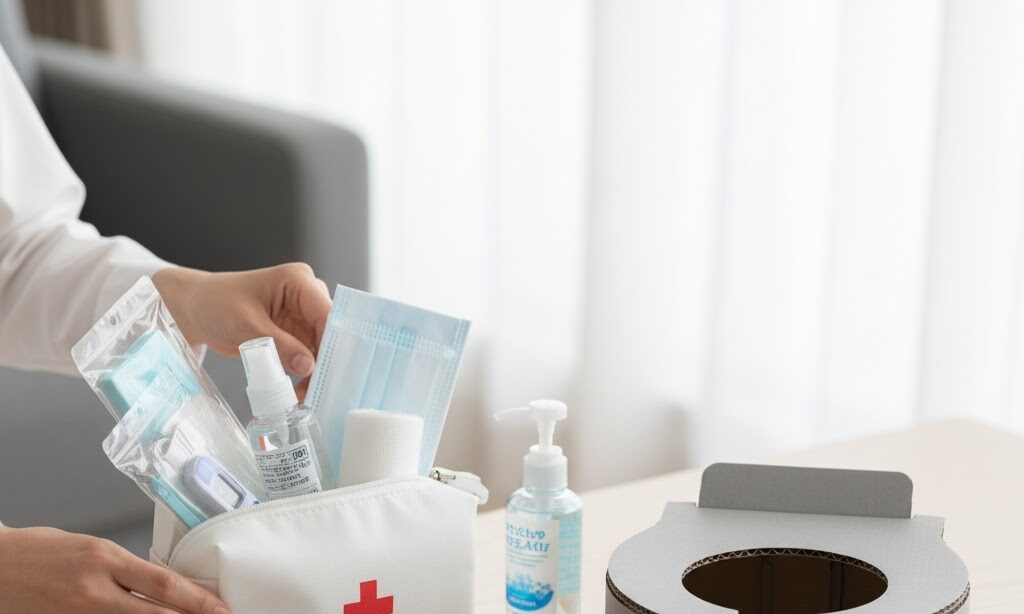 救急セットや簡易トイレ用品を防災リュックに詰める日本人の手元|衛生対策アイテム