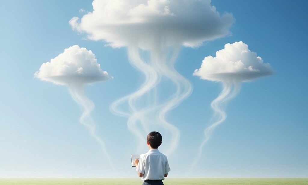 雲ができる仕組みと上昇気流を示す実写風風景イメージ|断熱膨張と飽和水蒸気量の変化を抽象的に表現