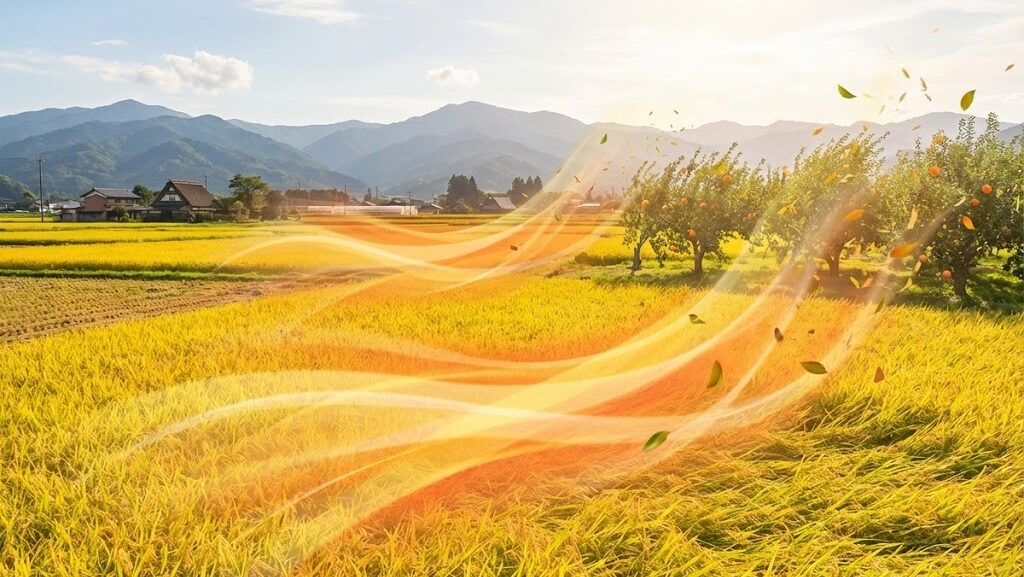 乾いた熱風が農作物に当たることで生じる農業被害を表現した田畑の実写風イメージ