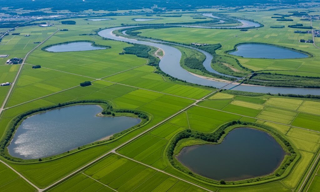 北海道 石狩川 三日月湖の代表例 河川改修と洪水対策の歴史を示す空撮風景イメージ