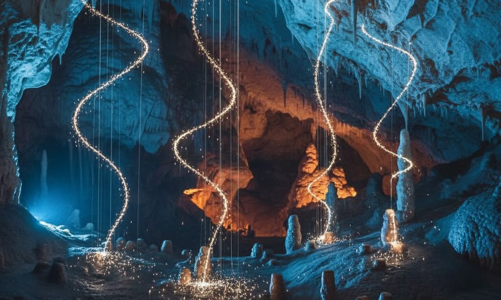 鍾乳洞の内部に滴る水と鍾乳石の成長 石灰岩が溶けて再結晶する自然の化学反応 洞窟内の神秘的風景