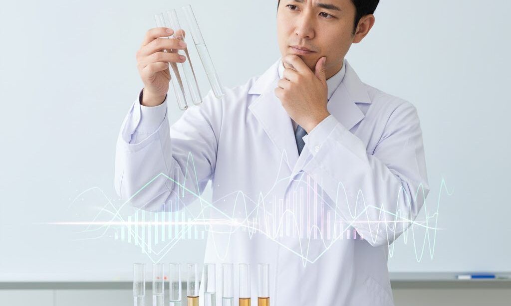 EM菌の効果を検証する研究者の様子を抽象表現と合わせた実写風イメージ