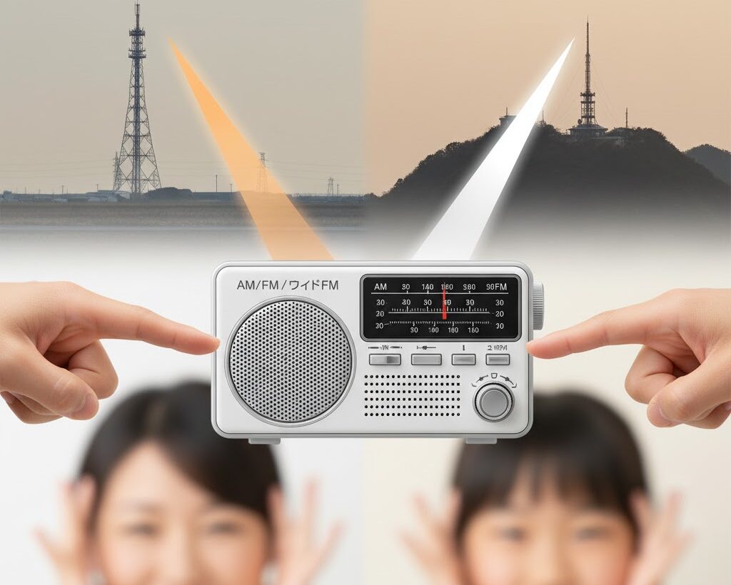 AMの放送をFM周波数で聴けるワイドFMの仕組みを説明する図イメージ