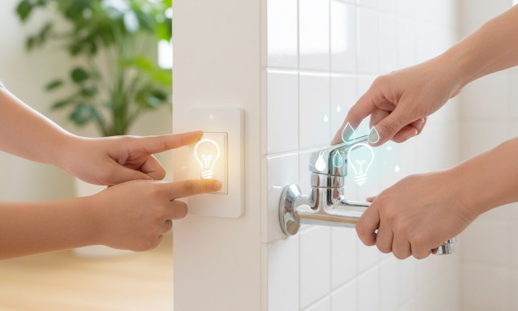 節電や節水による温暖化防止対策を示した家庭内の省エネイメージ画像