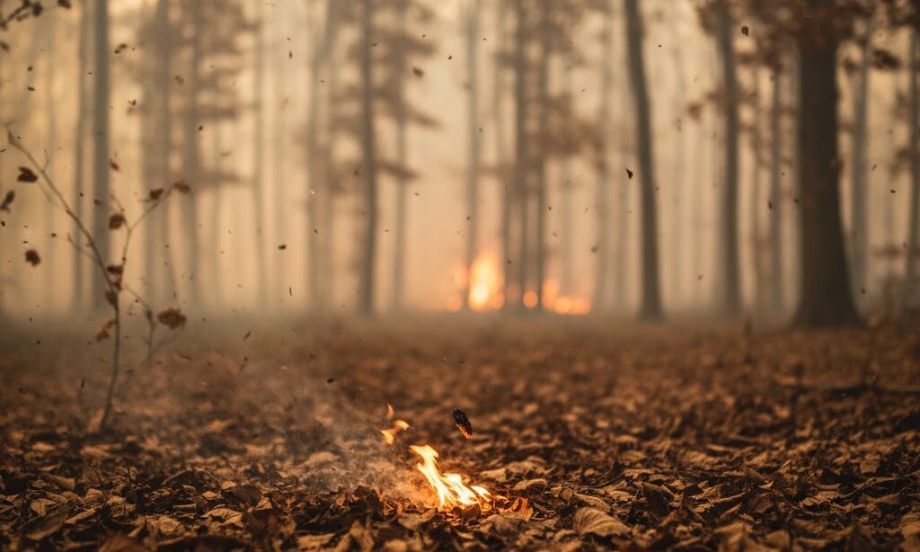 山火事 なぜ起こる|強風による飛び火の危険性を示す落ち葉へ向かう火の粉の写真