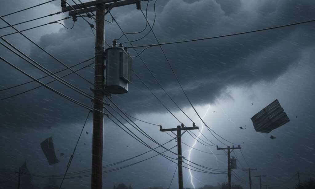 台風や落雷で停電が起こる理由を説明する実写風イメージ|電柱や電線に影響する災害リスクを表現
