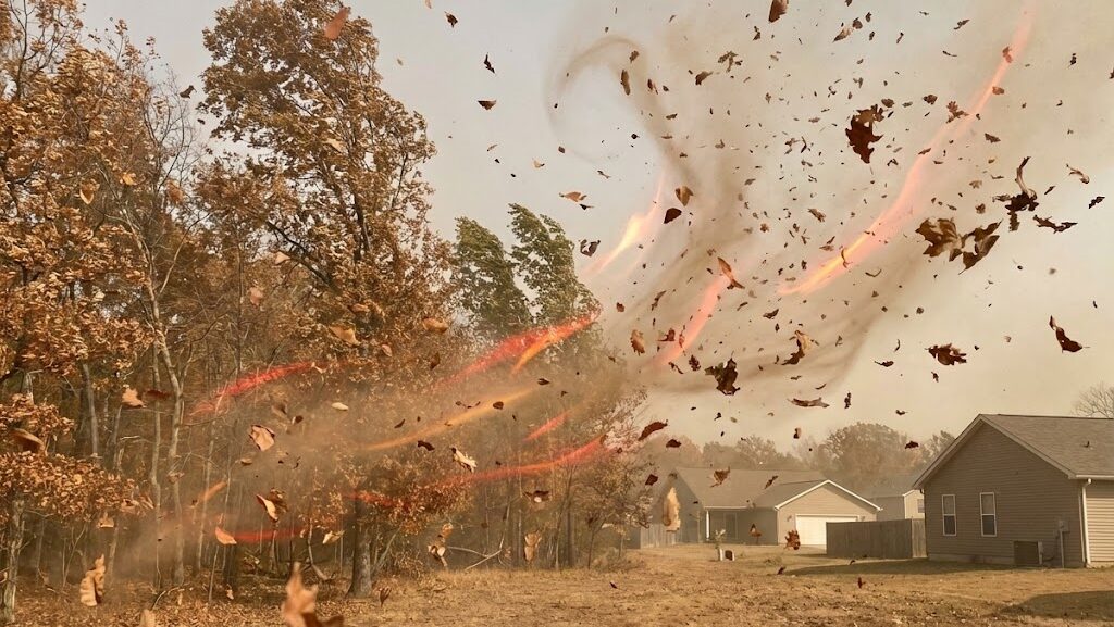 乾燥と強風で火災リスクが高まる環境を示した実写風の抽象イメージ