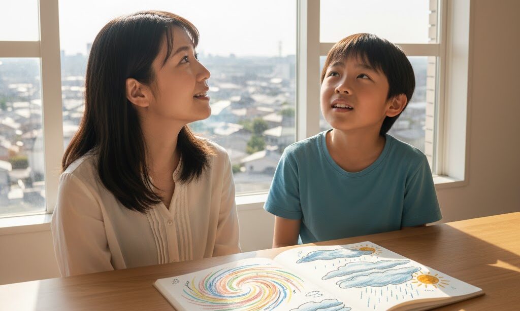 日本人親子が窓から空を観察する実写風シーン。防災と天気学習を結びつけたポジティブな教育イメージ。