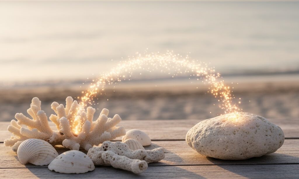 サンゴや貝殻の化石が石灰岩になる仕組みを表現した実写風イメージ 太古の海と堆積のプロセスを可視化