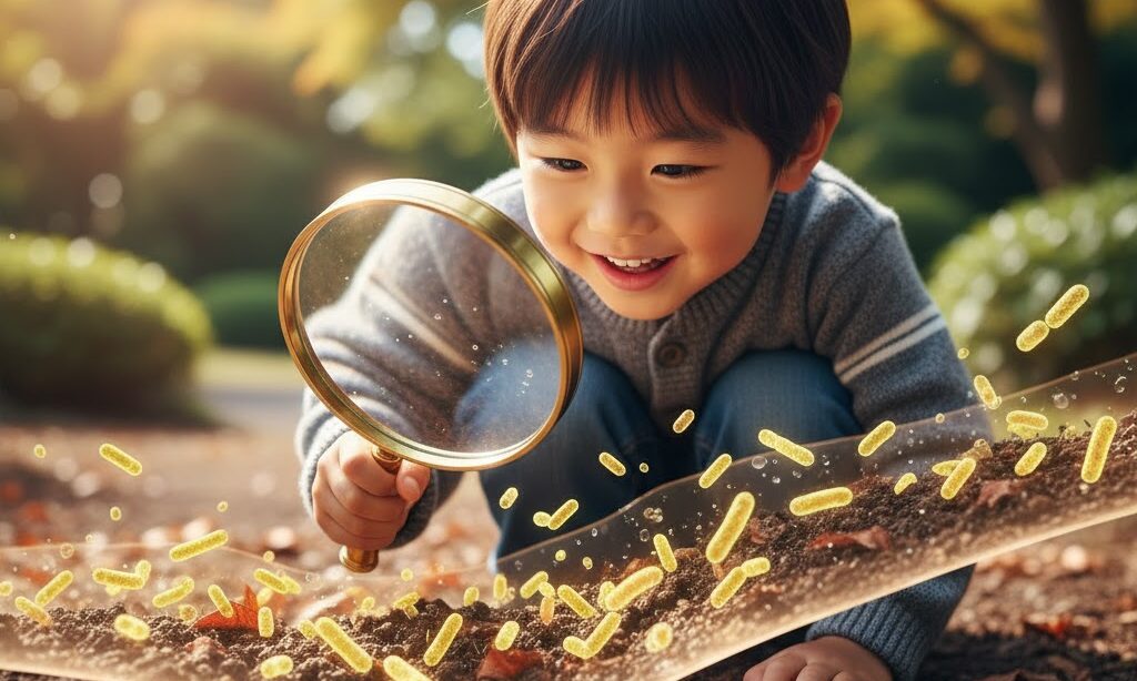 壌の中で働くBB菌(バチルス属)のイメージを子どもが観察する実写風写真