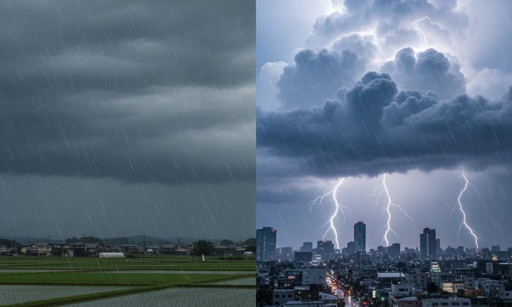 乱層雲と積乱雲を比較した空のイメージ。静かな雨と雷雨の違いが分かる構図