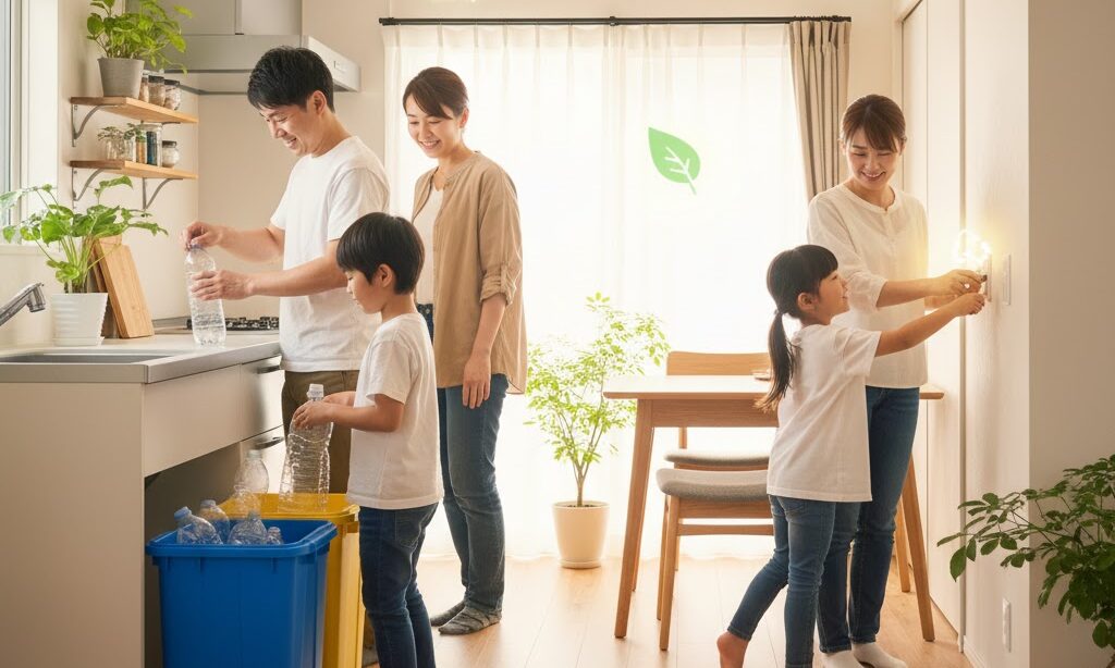 地球温暖化対策として家庭でできるCO2削減行動を実践する日本の家族の写真