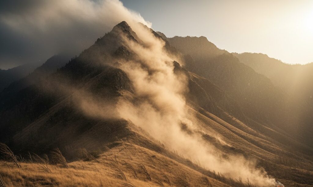 山火事 なぜ起こる|フェーン現象で火災が拡大する仕組みを示す山脈と乾いた風の写真