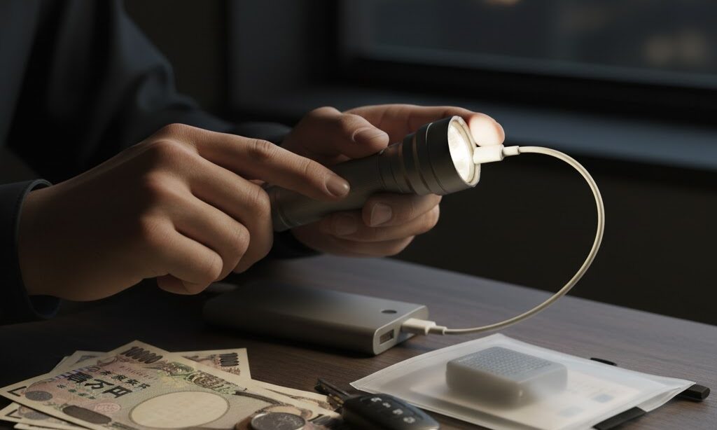 スマホやラジオ、モバイルバッテリーなど防災リュックに入れる情報収集ツールを整える日本人の手元