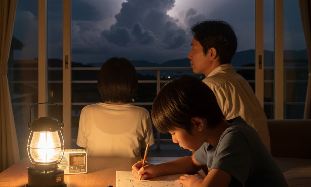 停電と雲の発生の仕組みを学ぶ日本人親子の実写風イメージ|雷・停電と天気の科学の理解を深める場面