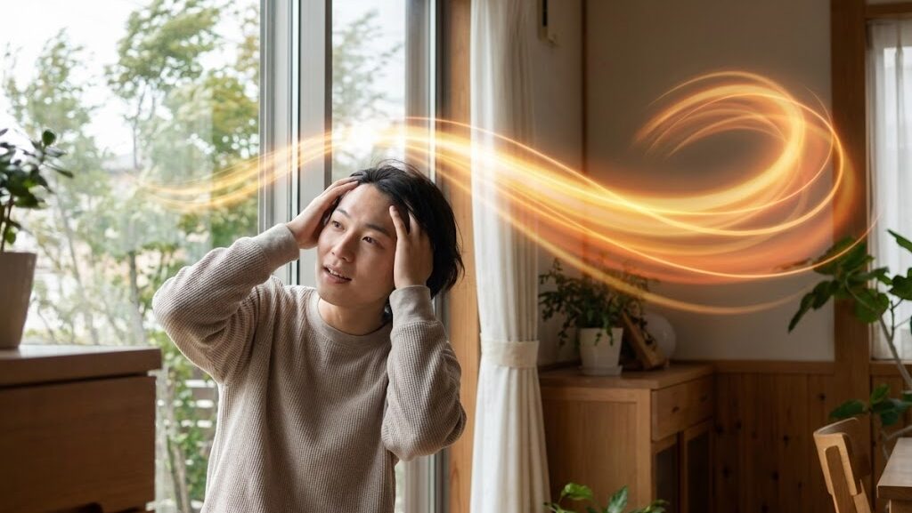 フェーン現象の乾燥した熱風により頭痛が起きやすい状況を表現した室内シーンの実写風イメージ