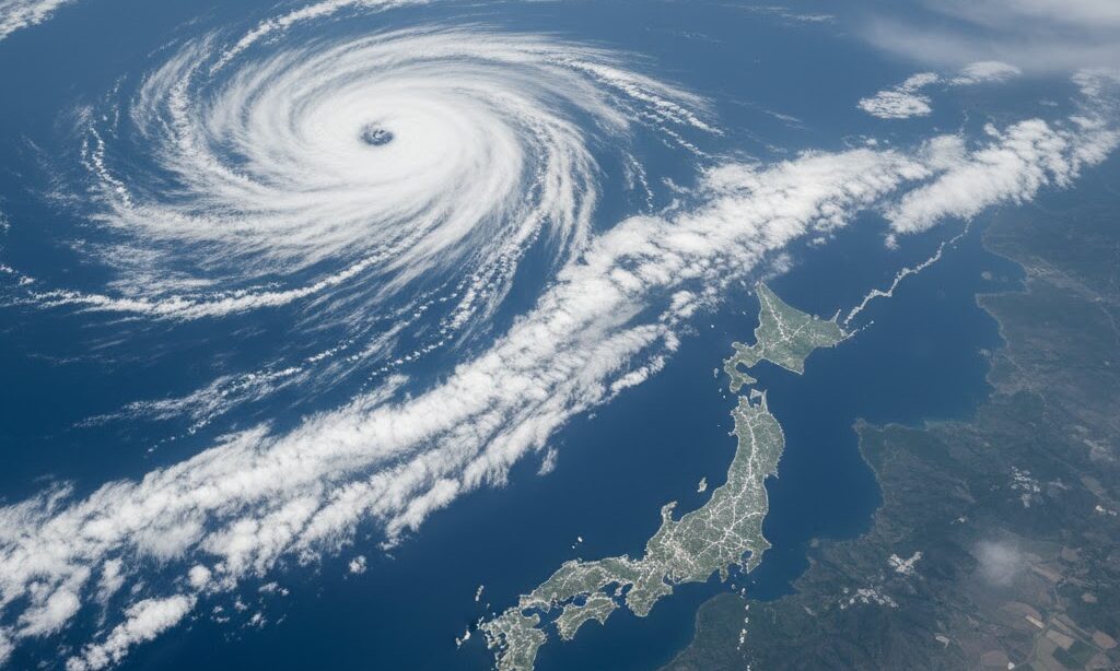 上空から見た日本列島に、台風の渦と秋雨前線の雲帯が重なる実写風イメージ。前線と台風の関係を防災視点で学べる構図。