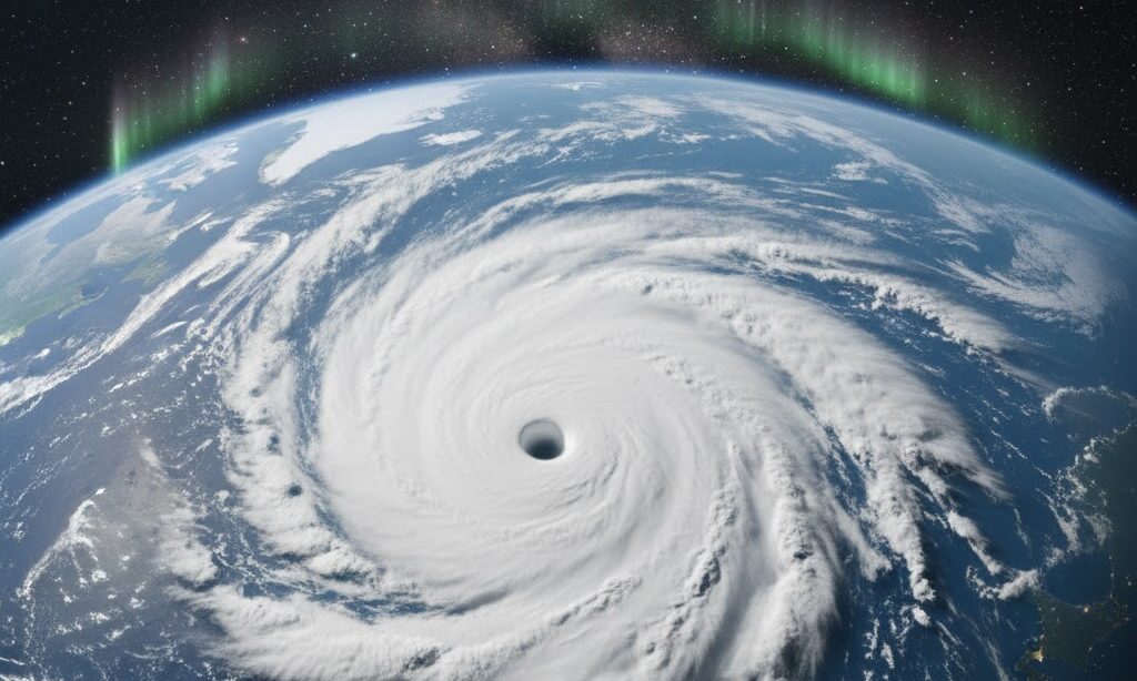 台風の渦と地球の自転の関係を表す衛星写真風イメージ