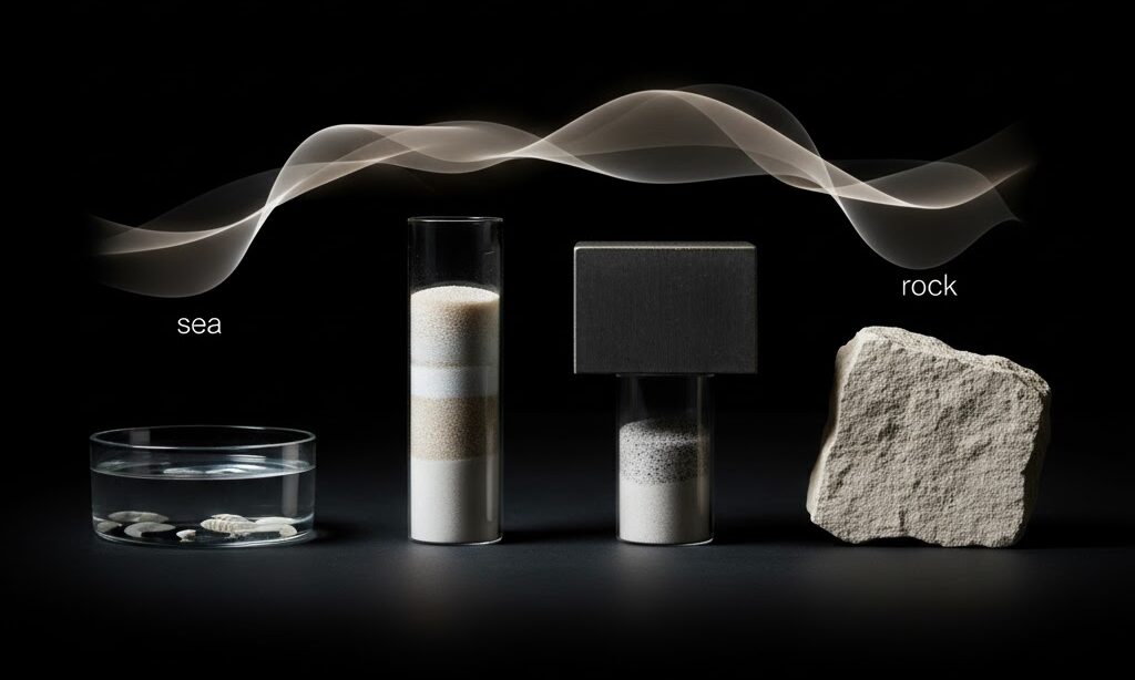 海の堆積から石灰岩ができる過程を抽象的に表現した写真 堆積岩の形成と理科学習をイメージ