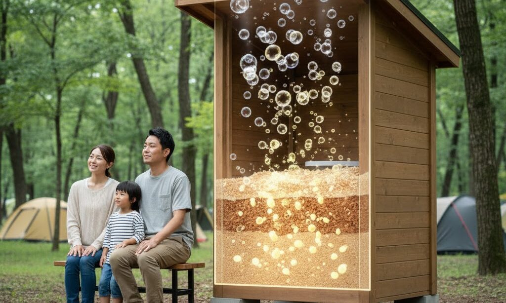 バイオトイレ内部で微生物がアンモニアを無臭化する仕組みを表した実写風イメージ