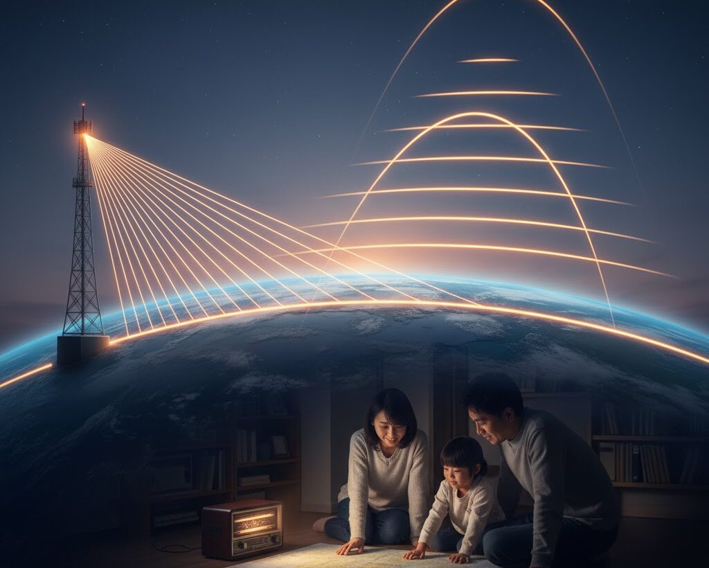 AMラジオの電波が地表波と電離層反射で遠距離まで届く仕組みのイメージ図