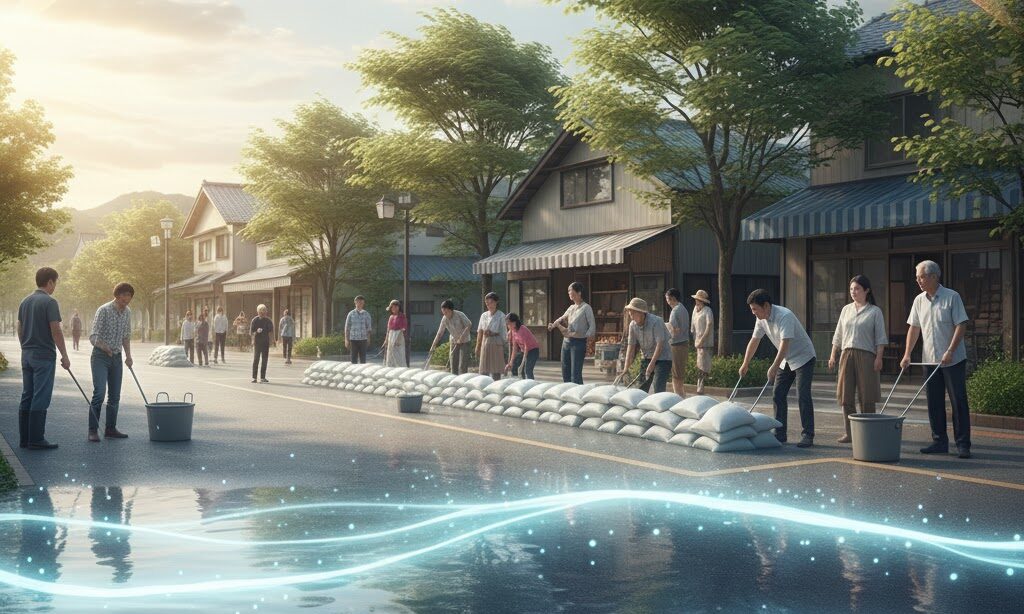 地球温暖化で洪水や台風などの災害リスクが高まる様子を示す防災イメージ画像