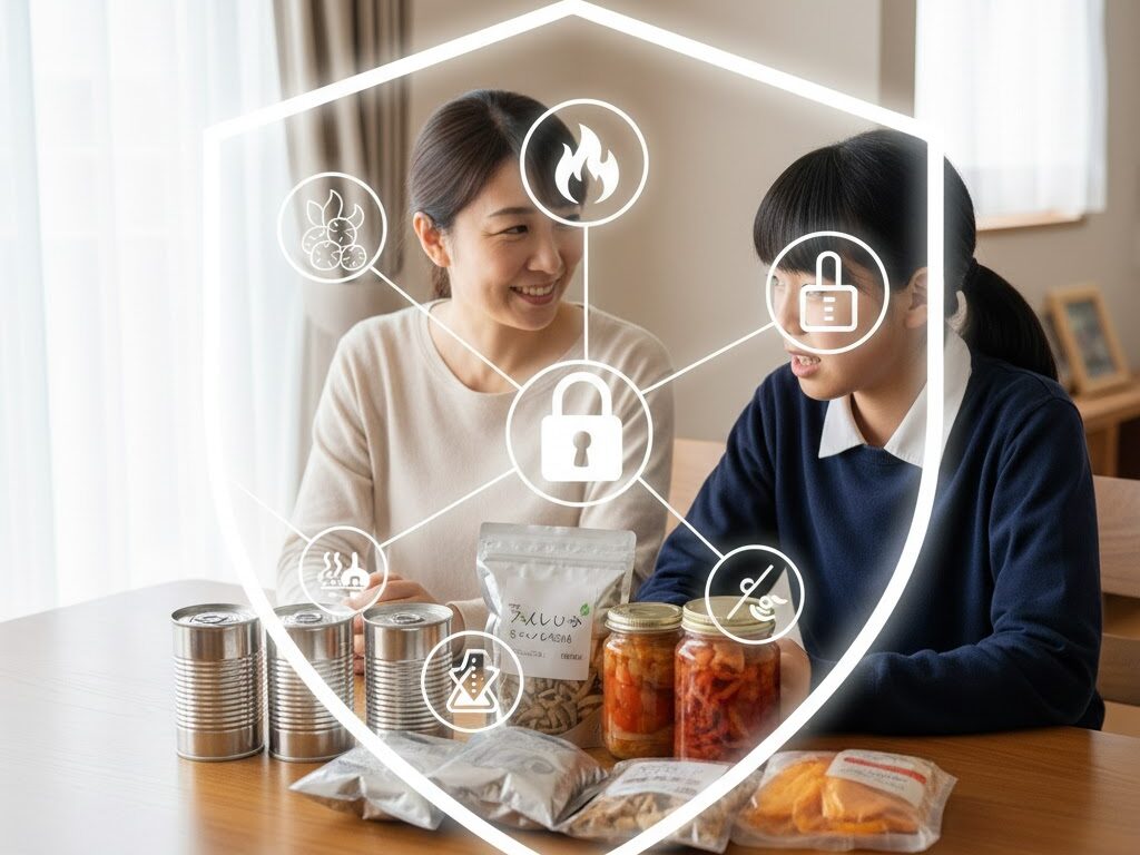 缶詰やレトルト食品が多層的な保存技術で守られている様子を表現した実写風の食品イメージ。