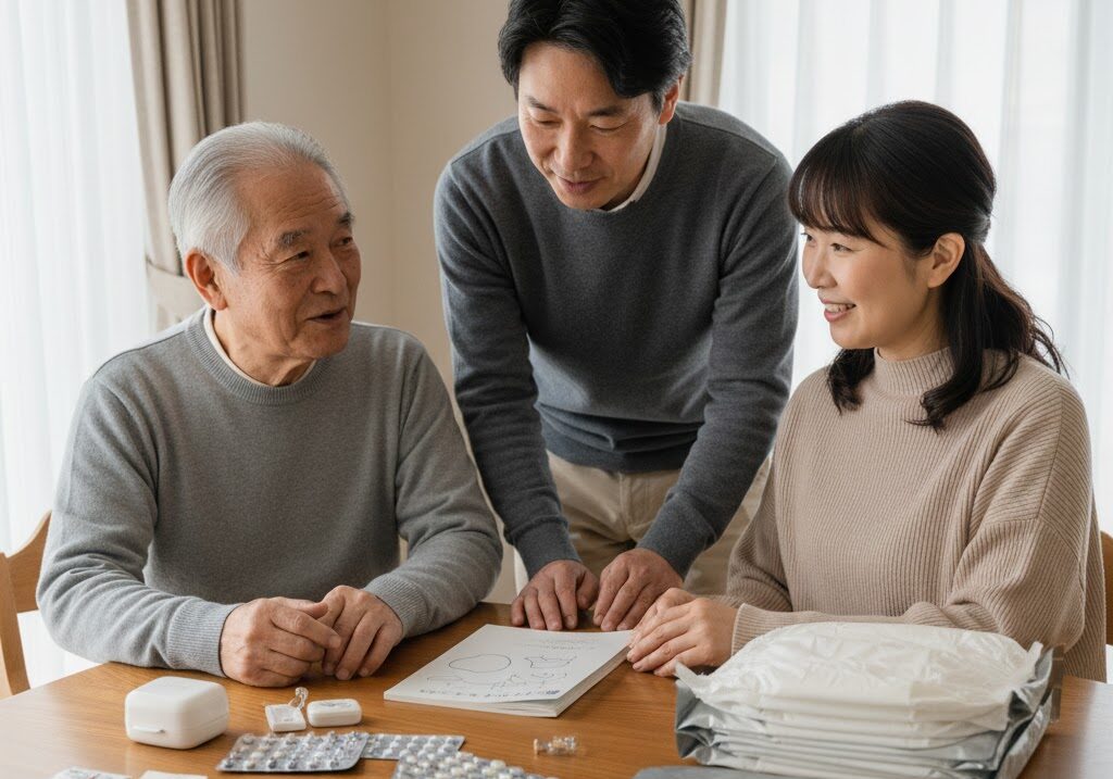高齢者の薬や口腔ケア用品、防災グッズを家族が確認しているシーン