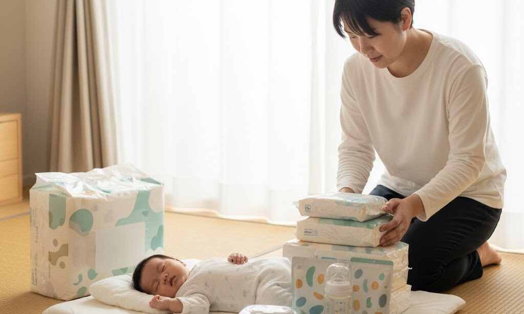 赤ちゃん用のミルクやおむつを災害備蓄として準備する家庭の防災対策イメージ写真