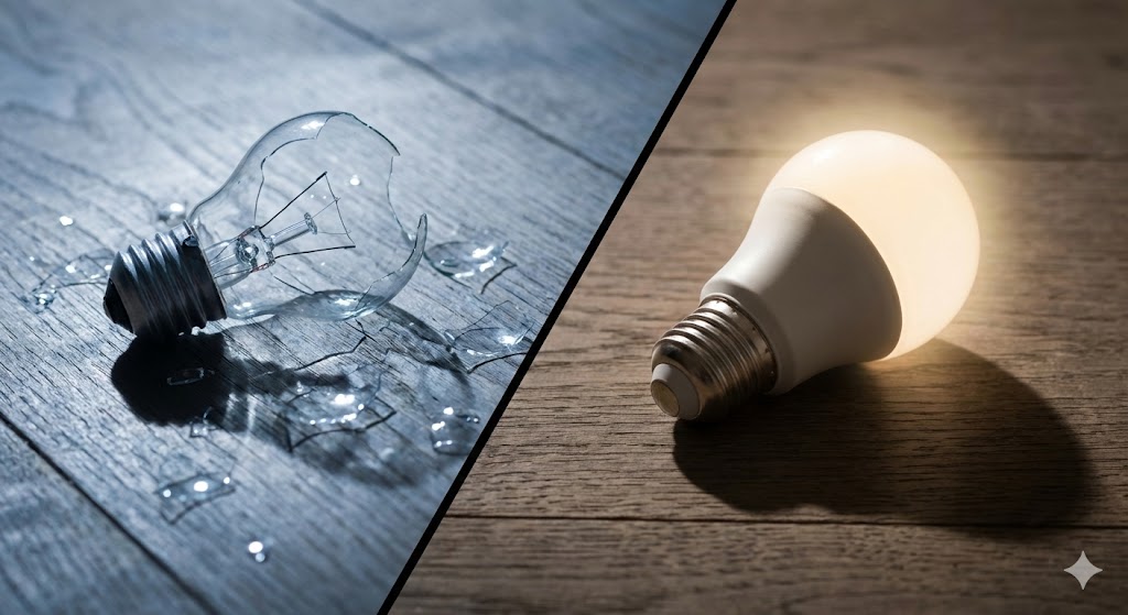 床に落ちて割れた白熱電球と、無事なLEDライトを比較した実写風イメージ