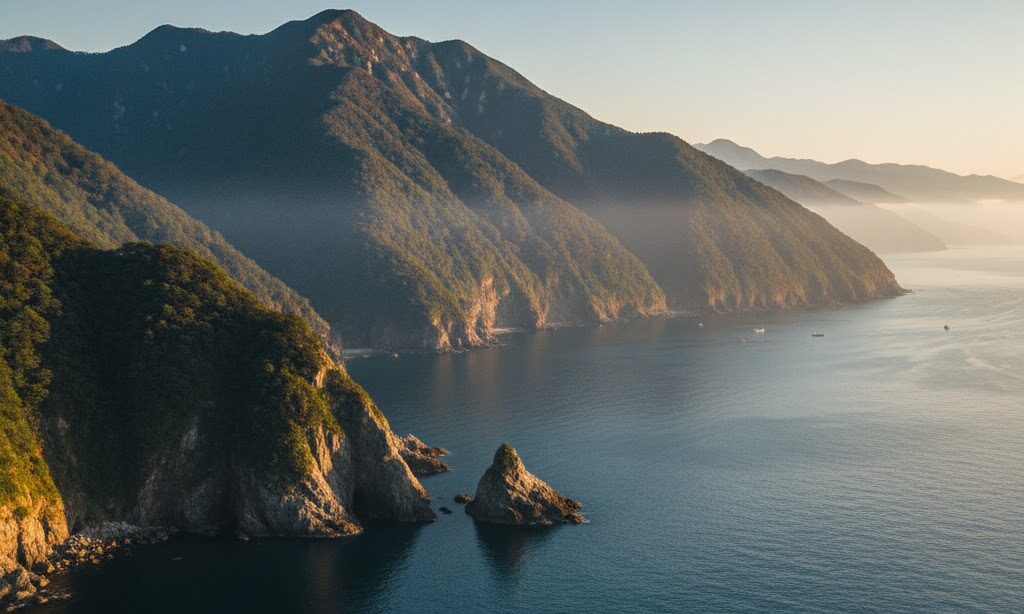 富山湾がフィヨルドに似ているが違う理由を示す、急峻な山と海の風景