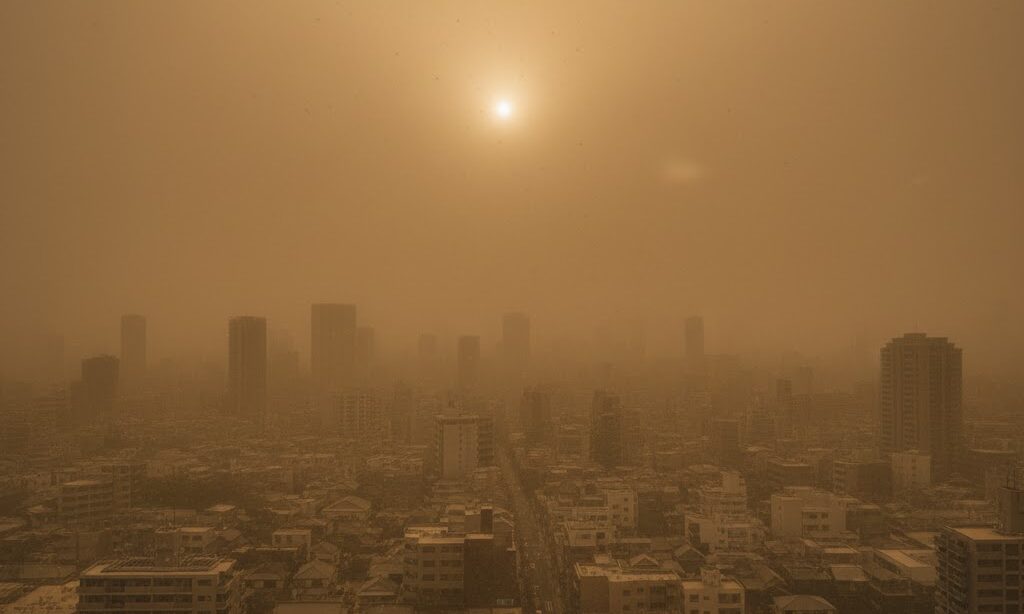 黄砂が飛来する日本の街並みイメージ|砂漠化の影響を示す風景