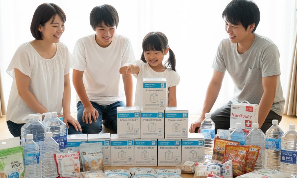 防災グッズと一緒に携帯トイレを備蓄する日本人家族 在宅避難への備えを確認する様子