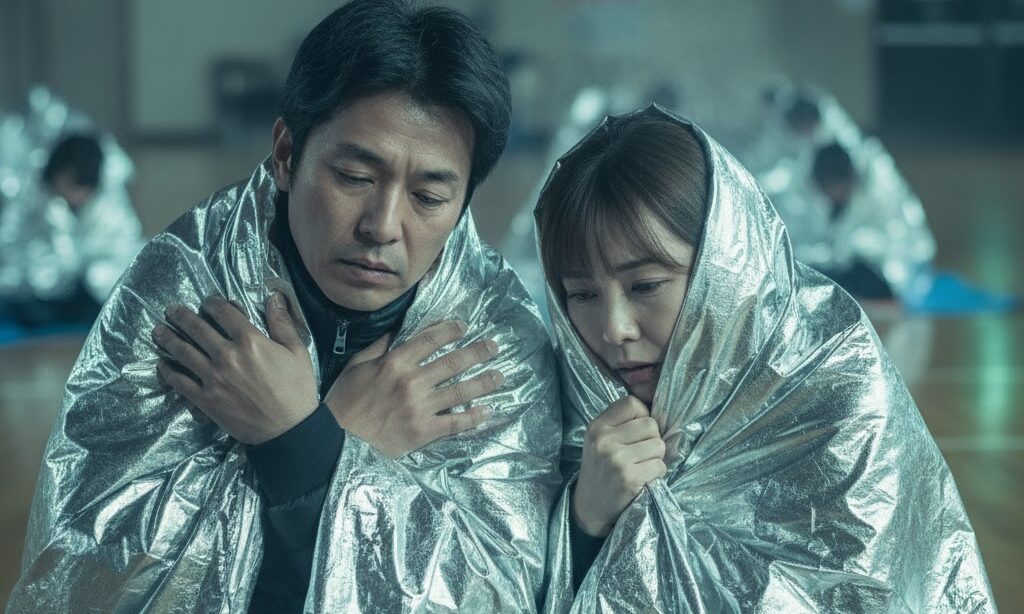 避難所で寒さに耐える人のシルエット 結露による低体温症リスクを防災士が警告するイメージ