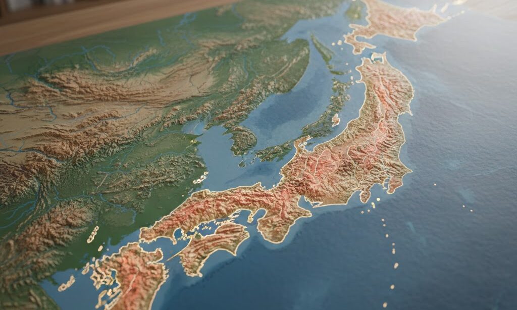 花崗岩の分布地域(阿武隈高地・中国山地など)を示した日本列島の地図風イメージ。地質と地域防災を学ぶ教材向け。