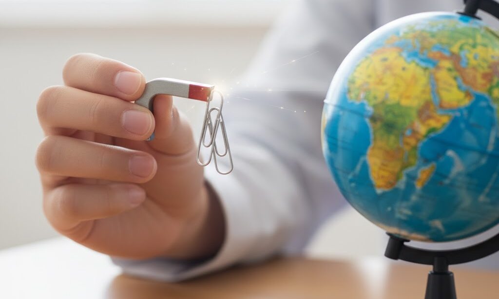 磁石でクリップを持ち上げ重力より電磁気力が強いことを示す実写風画像