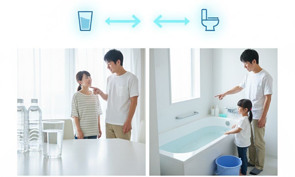 飲料水と生活用水(浴槽の水)を区別しながら備蓄量を確認する家族の実写風写真。