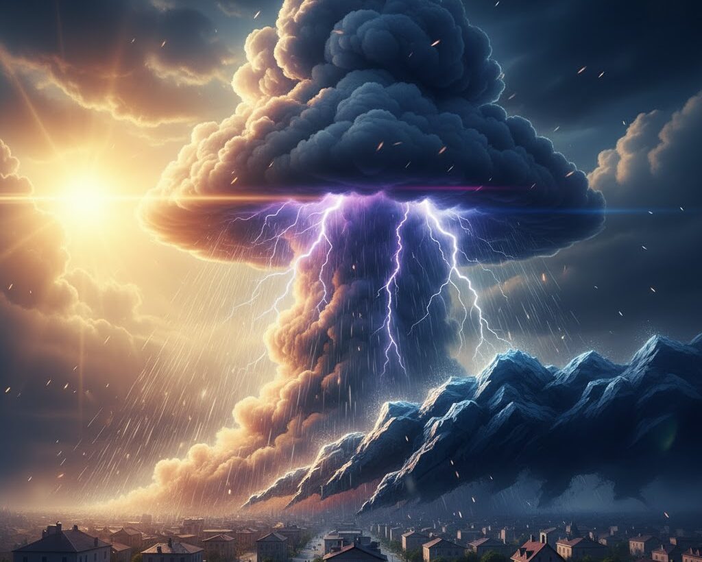 寒冷前線で積乱雲が急発達する天候変化を表現した実写風イメージ