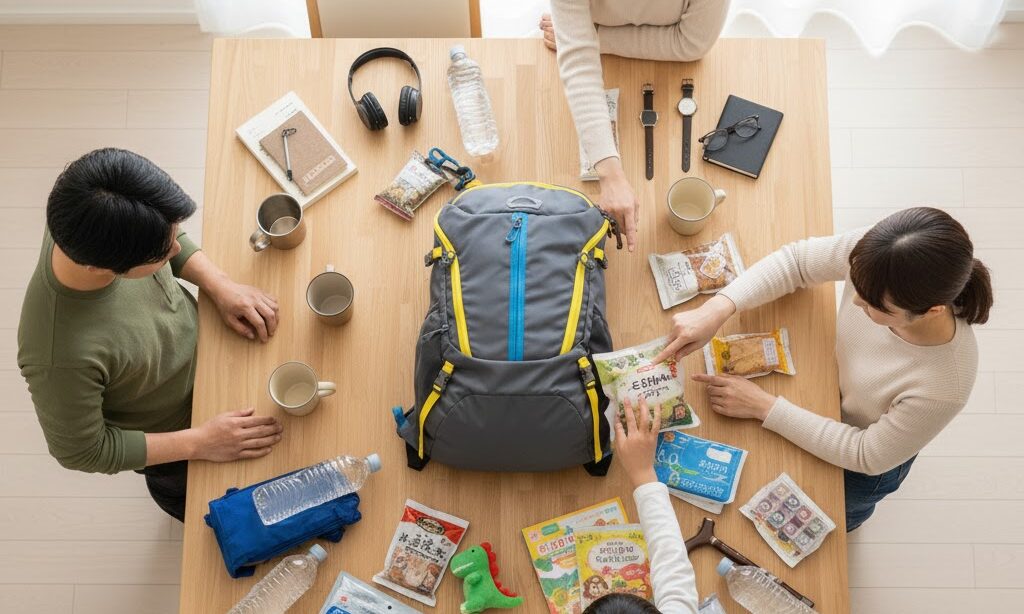 家族構成別に必要な防災リュックの中身をテーブルに並べて比較する日本人家族