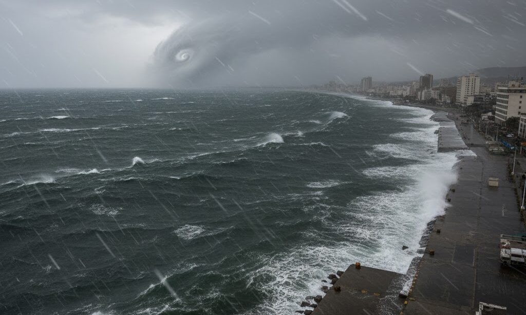 高潮を引き起こす吸い上げ効果と吹き寄せ効果を示す実写風イメージ|台風接近時の湾岸の水位上昇