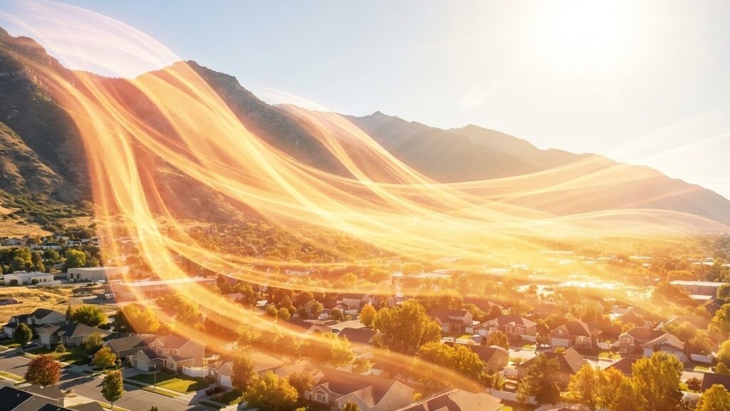 山から町へ熱い風が吹き込む様子を示したフェーン現象の実写風イメージ