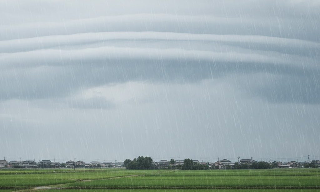日本の梅雨の風景。曇り空の下、静かな雨が降る田園風景を実写風に表現。停滞前線の特徴と長雨を教育的に伝える構図。