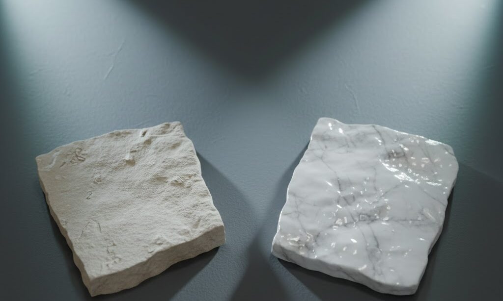 石灰岩と大理石の質感の違いを比較 再結晶でキラキラ光る大理石とマットな石灰岩 理科教材向けイメージ