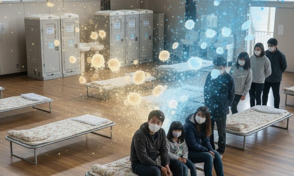 避難所の衛生と微生物の働き・限界を示す実写風の防災イメージ